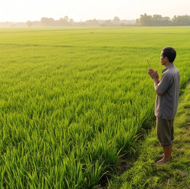 Văn khấn cúng ruộng đồng: bài khấn chuẩn & sắm lễ ngoài trời 2 Lão nông phu chắp tay khấn vái giữa không gian ruộng lúa bao la, cầu xin thời tiết ôn hòa cho mùa vụ
