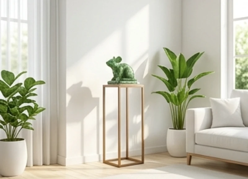 Tượng con chuột phong thủy an vị trên bệ cao trong một không gian phòng khách trang nhã, ngập tràn ánh sáng