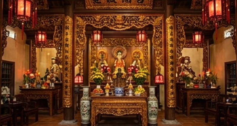 Văn khấn Mẫu Cửu Trùng Thiên: Bài cúng đầy đủ và trình tự hành lễ 6 Không gian thờ tự trang nghiêm bên trong một đền phủ Đạo Mẫu lớn với nhiều lớp ban thờ