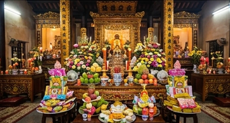 Không gian thờ tự trang nghiêm tại một đền phủ công cộng với các mâm lễ vật đồ sộ