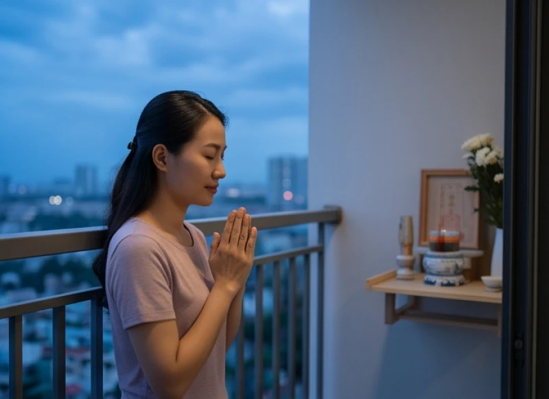 Có cần đọc văn khấn thành tiếng không: Quy tắc chọn âm lượng chuẩn 3 Người phụ nữ chắp tay khấn thầm tại không gian ban công chung cư nhỏ hẹp