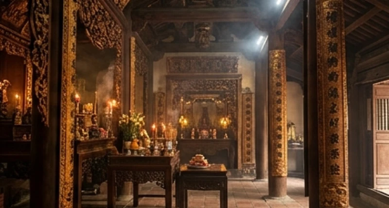 Văn khấn xin lộc Đền Và: Bài cúng chuẩn và trình tự dâng lễ 4 Không gian tĩnh lặng và trang nghiêm bên trong Hậu Cung nơi ngự tọa của Đức Thánh Tản Viên