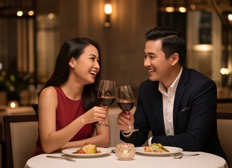 Cặp đôi đang thưởng thức bữa tối lãng mạn tại một nhà hàng sang trọng nhằm làm mới không gian hẹn hò dịp cuối tuần