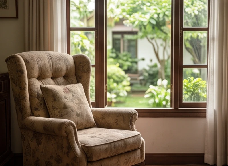 Chiếc ghế lười bọc nệm êm ái đặt cạnh cửa sổ tràn ngập ánh sáng tự nhiên dành cho người cao tuổi