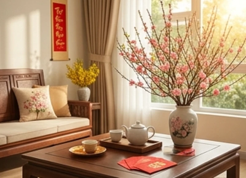 Không gian phòng khách trang hoàng ngày Tết giúp gia chủ tuổi Dậu đón vượng khí