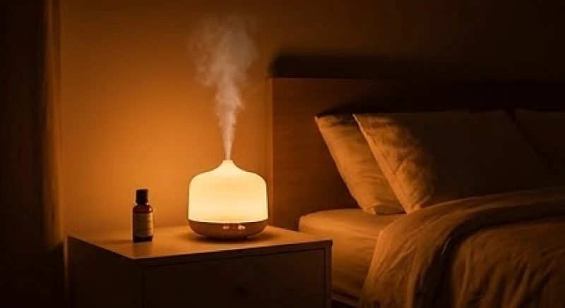 Không gian phòng ngủ êm ái với ánh đèn vàng ấm áp và máy xông tinh dầu hoa cúc