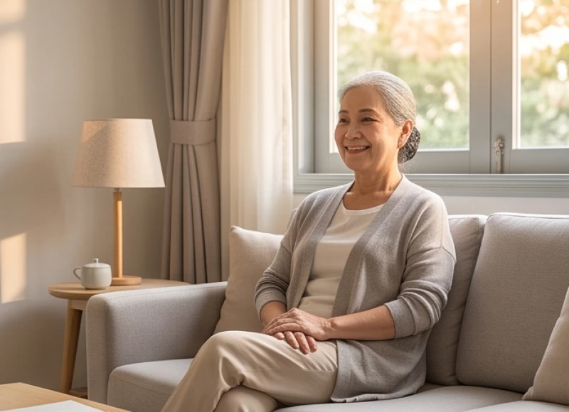 Người cao tuổi tận hưởng sự thư thái trong căn phòng có gam màu trung tính, tránh xa các màu nóng kích thích thị giác