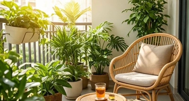 Góc thư giãn ban công ngập tràn ánh sáng tự nhiên với nhiều chậu cây xanh tươi mát giải tỏa áp lực