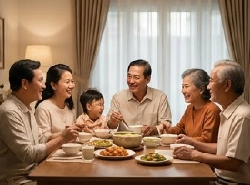 Gia đình nhiều thế hệ của người tuổi Tân Mão 1951 quây quần vui vẻ bên mâm cơm ấm cúng