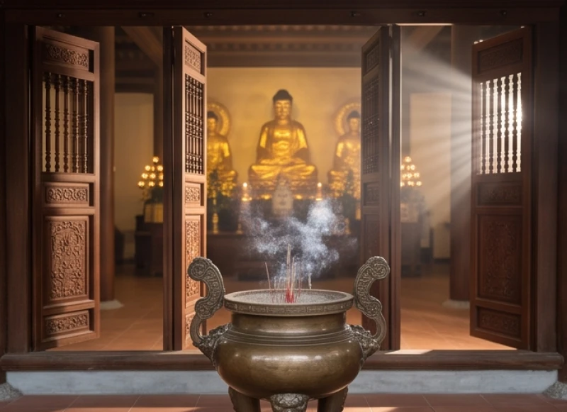 Văn khấn cầu an: Bài khấn chuẩn, cách sắm lễ và chọn ngày giờ 2 Không gian chánh điện thanh tịnh tại ngôi chùa Việt Nam với khói hương trầm ấm cúng