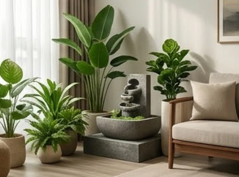 Góc phòng khách được trang trí nhiều cây xanh và hồ nước nhỏ giúp làm dịu tâm trí căng thẳng