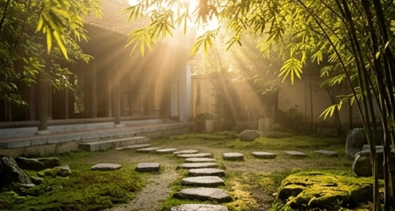 Khoảng sân nhỏ lát đá tĩnh lặng trong khuôn viên chùa dưới ánh nắng nhạt xuyên qua kẽ lá