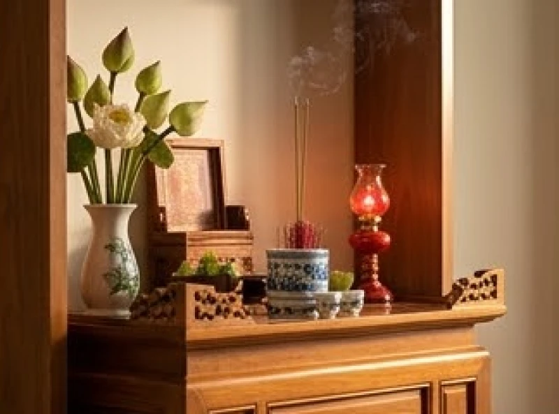 Không gian bàn thờ gia tiên thanh tịnh với đèn nhang trang nghiêm không pha lẫn các lễ vật cô hồn