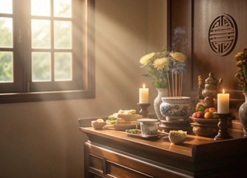 Văn khấn Thổ Công ngày rằm: Bài cúng chuẩn và quy trình hạ lễ 2 Ánh sáng êm dịu chiếu vào bàn thờ tôn nghiêm chuẩn bị cho nghi thức cúng bái rằm hàng tháng
