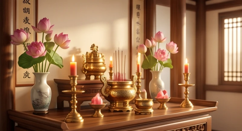 Không gian bàn thờ gia tiên được bài trí trang nghiêm đón nhận sinh khí từ hướng Tây Bắc