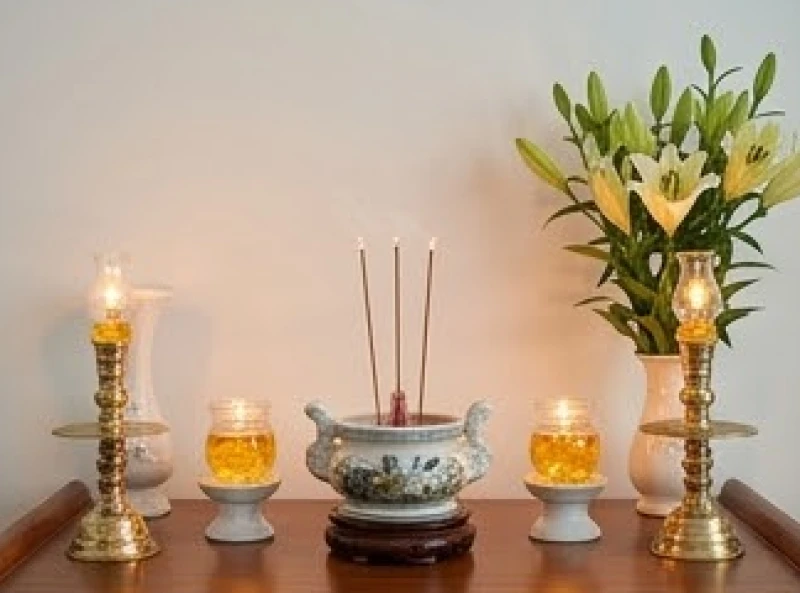 Không gian bàn thờ gia tiên được dọn dẹp sạch sẽ và thắp nến sáng để chuẩn bị cho nghi thức cầu siêu