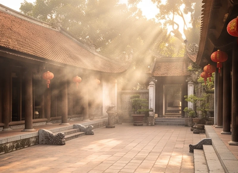 Khoảng sân rộng rãi ngập tràn khói hương tĩnh lặng trước gian chính điện của một ngôi đền phủ