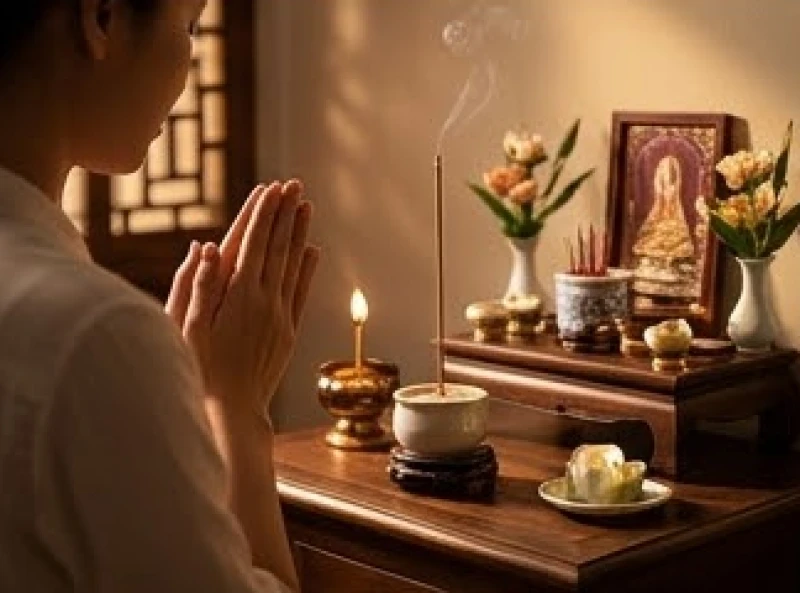 Gia chủ tĩnh tâm chắp tay cầu nguyện trong không gian thanh tịnh của ngôi nhà