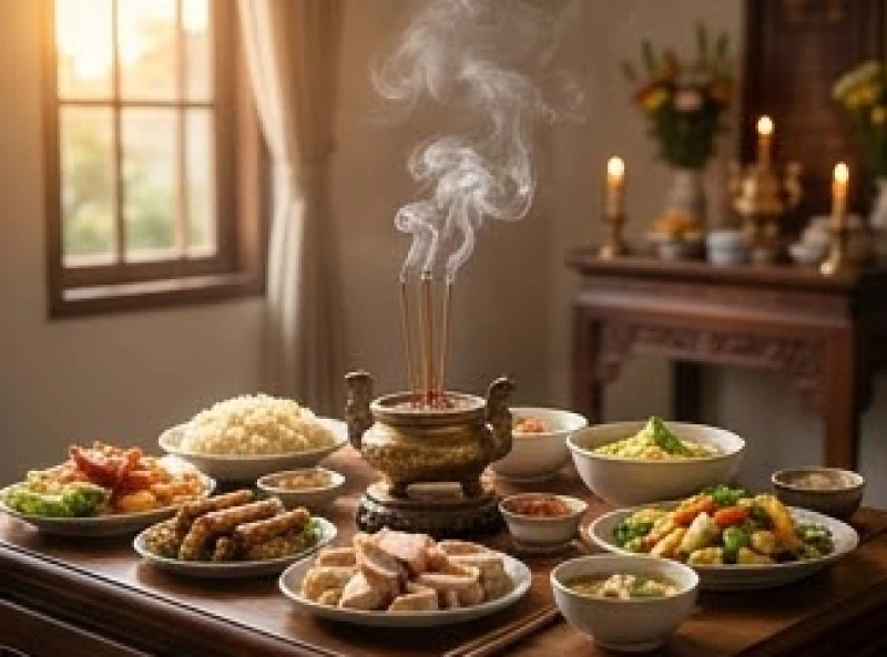 Khói hương bay nhè nhẹ trên mâm cúng rằm tháng Chạp ấm cúng tượng trưng cho lễ tất niên sớm của gia đình