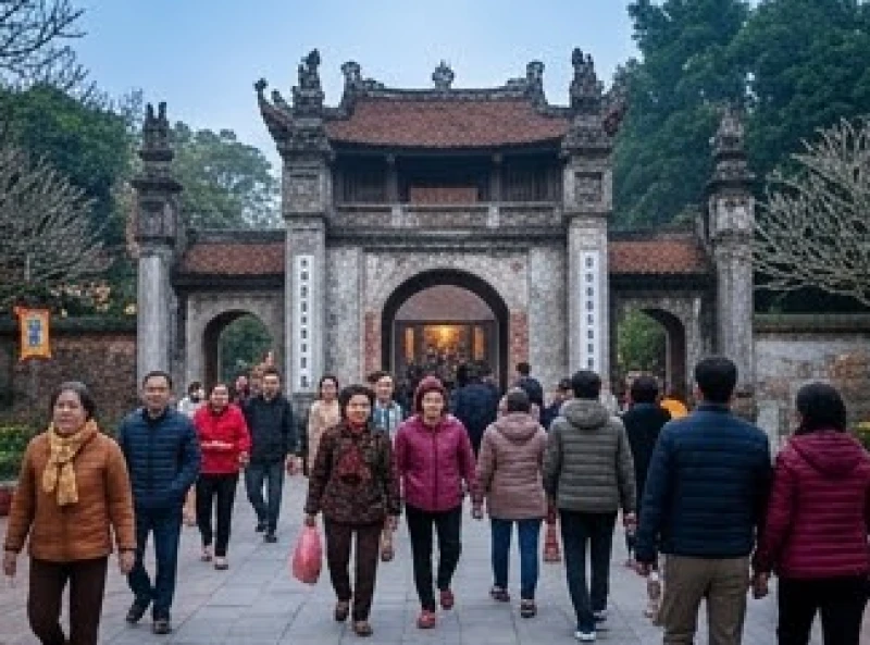 Văn khấn lễ hội Đền Và: Bài cúng chuẩn & quy trình đi lễ 3 Dòng người đi bộ trẩy hội đổ về cổng chính của khu di tích trong không khí đông đúc của ngày Rằm tháng Giêng