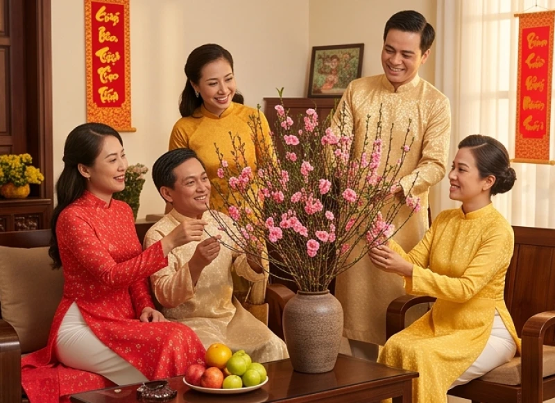 Mơ thấy ngày Tết: Điềm báo từng tình huống và con số may mắn 1 Gia đình sum vầy rộn ràng chuẩn bị đón Tết với cành đào tươi thắm