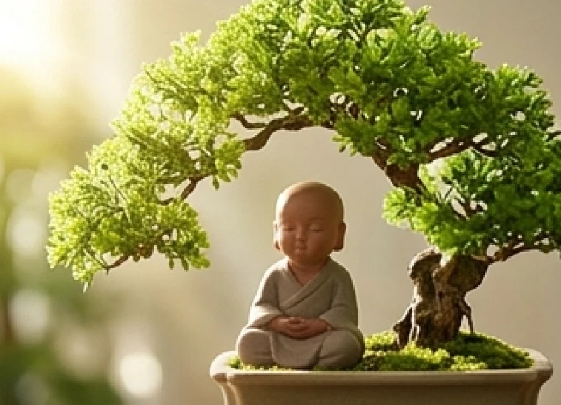 Chú tiểu bằng gốm sứ mỉm cười ngồi tọa thiền dưới gốc cây bonsai xanh mát tươi tốt