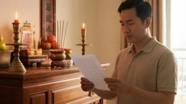 Người đàn ông mặc áo sơ mi đứng trước ban thờ gia tiên, tay cầm tờ giấy đọc văn khấn trang nghiêm