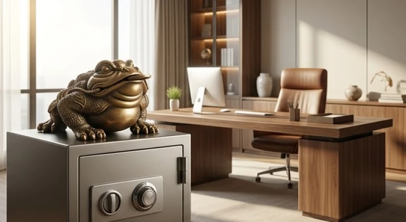 Cóc ba chân phong thủy được đặt cố định vững chãi trên mặt một chiếc két sắt nhỏ