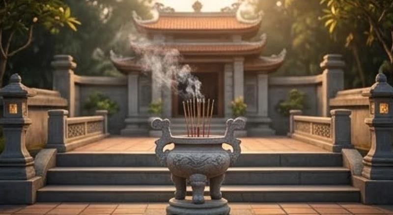 Bát hương nghi ngút khói trên khu mộ bề thế tượng trưng cho sự vững chắc về gia đạo và tài lộc