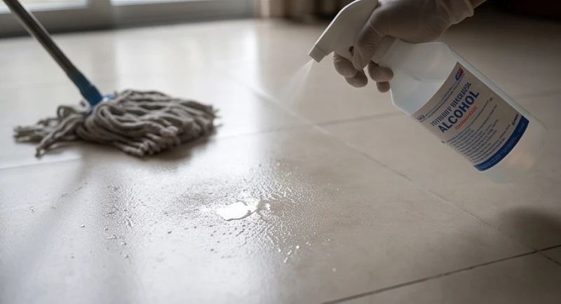 Vị trí sàn nhà đang được xịt đẫm dung dịch cồn y tế 70 độ kết hợp cùng dụng cụ lau chùi