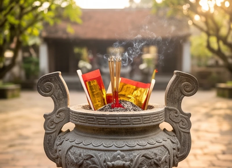Văn khấn Miếu Bà Phi Yến: Bài cúng chuẩn và trình tự đi lễ 9 Người đi lễ cẩn thận đốt vàng mã và giấy sớ tại khu vực lò hóa vàng