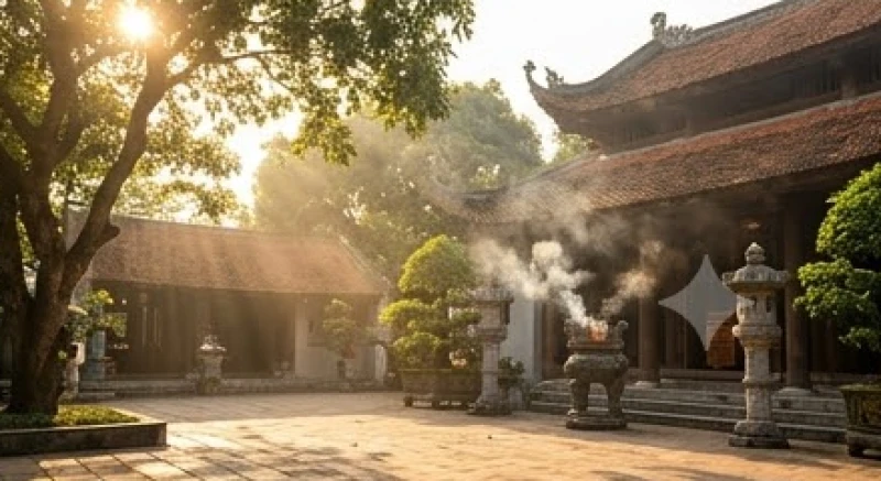 Không gian khuôn viên chùa thanh tịnh vào buổi sáng sớm ngập tràn ánh nắng ấm áp
