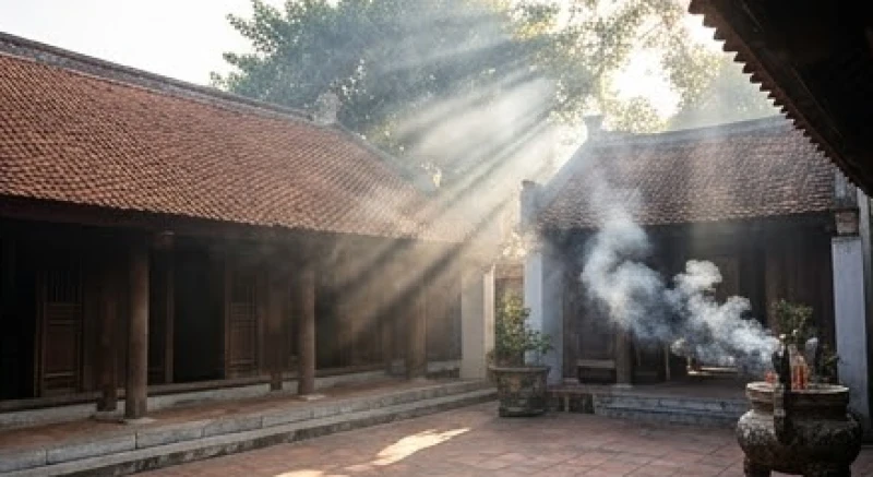 Văn khấn xin lộc Đền Tam Kỳ Hải Phòng: Bài cúng tài lộc & sắm lễ 2 Khung cảnh yên bình tại Đền Tam Kỳ Hải Phòng vào sáng sớm với ánh nắng ban mai chiếu qua mái ngói
