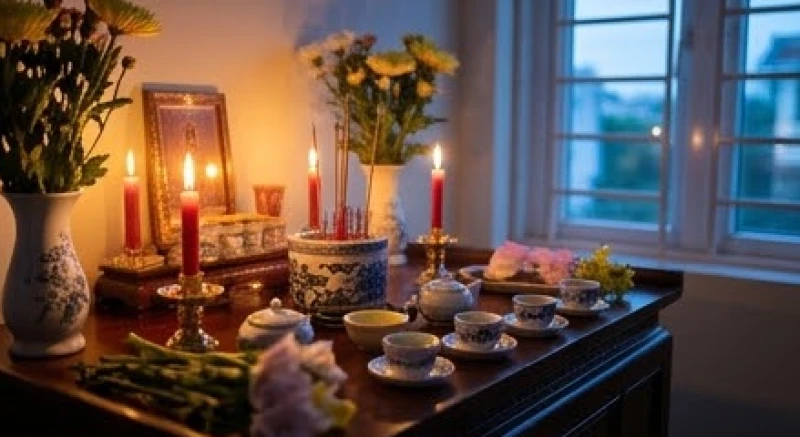 Bàn thờ gia tiên rực sáng ánh đèn ấm áp vào buổi chiều tối chuẩn bị cho nghi thức cúng cuối tháng