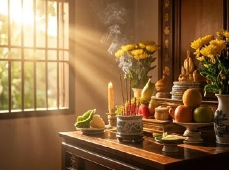 Ánh nắng buổi sáng sớm chiếu rọi vào không gian bàn thờ gia tiên thanh tịnh