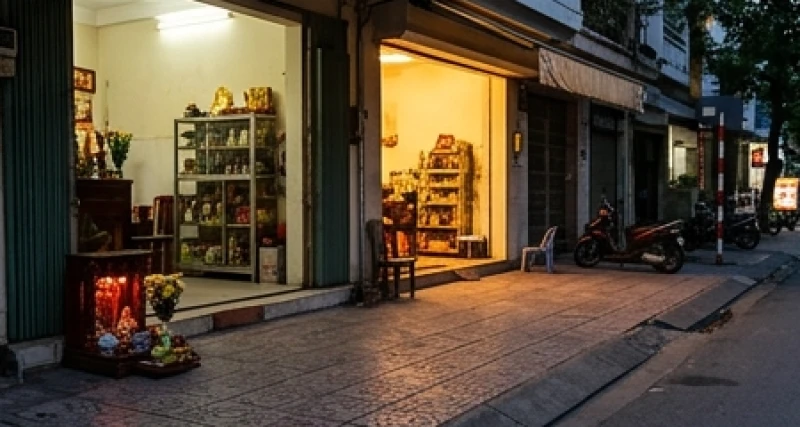 Dọn dẹp sạch sẽ khu vực vỉa hè trước cửa hàng sau khi kết thúc nghi lễ cúng chúng sinh vào buổi tối
