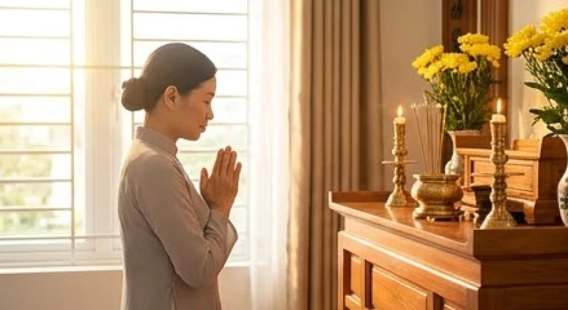 Văn khấn ngày rằm hàng tháng: Mâm lễ, bài cúng và quy trình chuẩn 4 Gia chủ chắp tay thành tâm đứng khấn vái trước ban thờ vào buổi sáng thanh tịnh