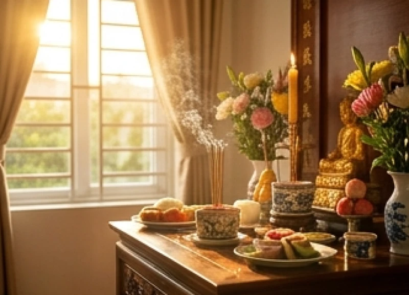 Văn khấn lễ Vu Lan cầu siêu: Bài cúng chuẩn và giờ hoàng đạo 3 Ánh nắng ban mai chiếu vào ban thờ trang nghiêm trong khung giờ cúng Phật và Thần linh