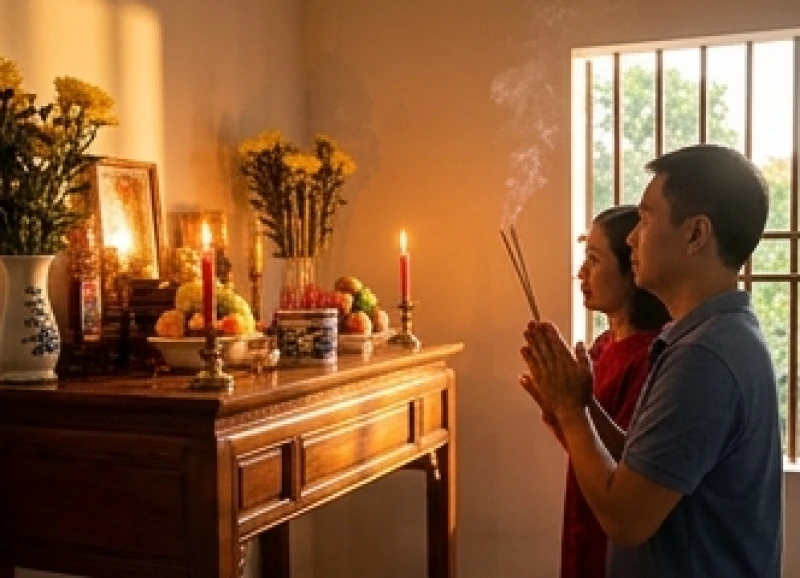 Văn khấn mời gia tiên về ăn Tết: Bài cúng ngoài mộ và tại gia 2 Gia chủ thắp hương cúng rước gia tiên vào buổi chiều tối ấm cúng trước khoảnh khắc giao thừa