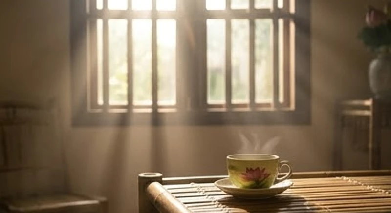 Không gian phòng khách truyền thống ngập tràn ánh nắng ban mai tượng trưng cho khung giờ đại cát