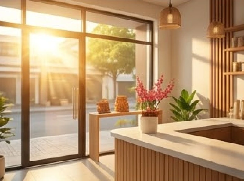 Tia nắng ban mai ấm áp chiếu qua khung cửa sổ vào bên trong không gian cửa hàng mới