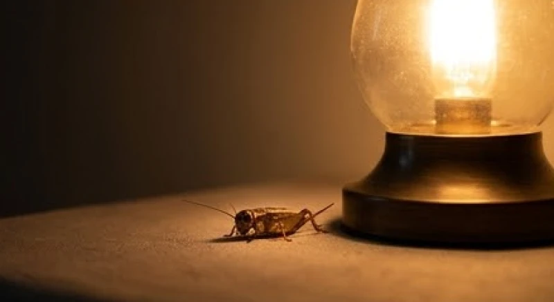 Dế vào nhà là điềm gì: Giải mã điềm báo & mẹo đuổi dế an toàn 4 Không gian phòng khách tĩnh lặng soi bóng con dế nhỏ đậu trên sàn gỗ dưới ánh đèn mờ