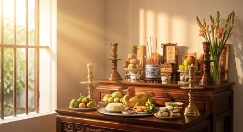 Không gian ban thờ gia tiên chan hòa ánh nắng buổi sáng sớm chuẩn bị cho lễ cúng