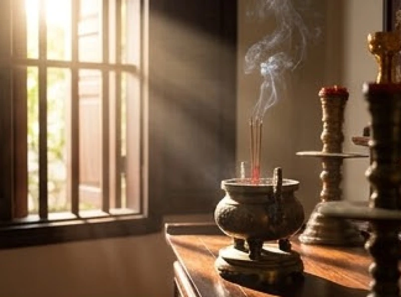 Ánh nắng ban mai chiếu rọi bát hương trên bàn thờ gia tiên tạo nên không gian thờ cúng linh thiêng và ấm áp