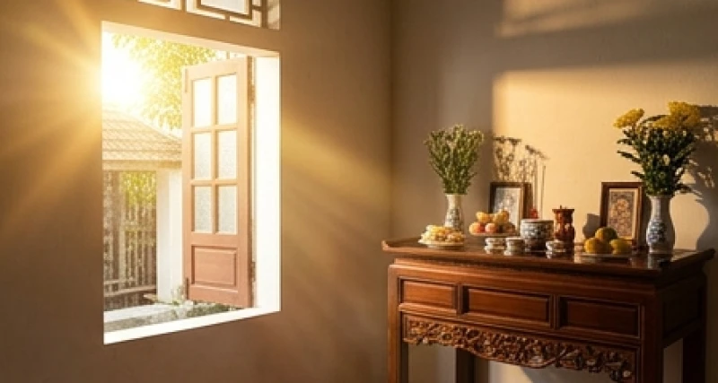 Văn khấn hóa vàng gia tiên: Trình tự tiễn ông bà đúng nghi thức 2 Ánh nắng ban ngày chiếu qua cửa sổ vào phòng thờ gia tiên ngày Tết