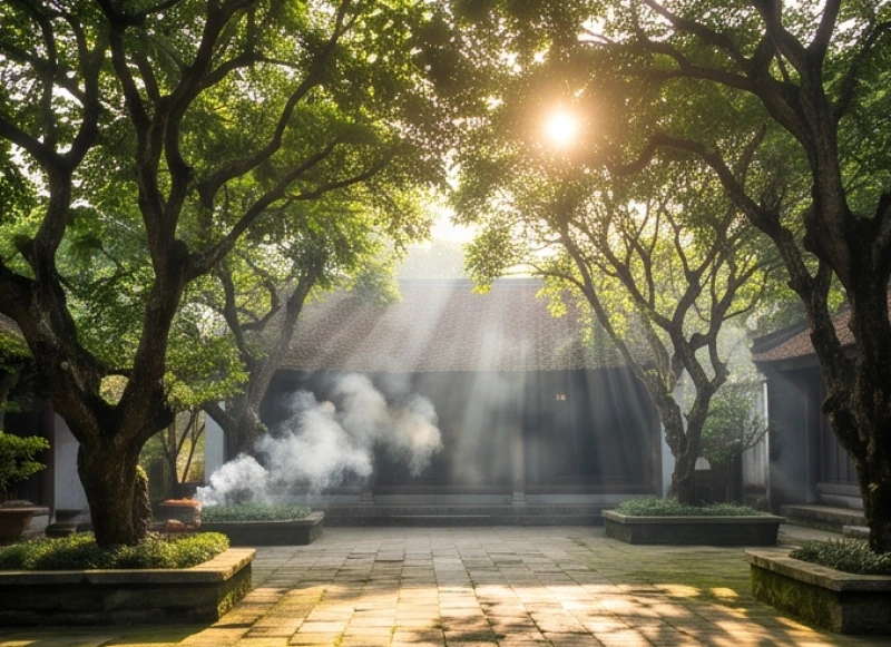Văn khấn Miếu Bà Phi Yến: Bài cúng chuẩn và trình tự đi lễ 3 Ánh nắng ban mai ấm áp chiếu rọi qua tán cây tại khuôn viên An Sơn Miếu
