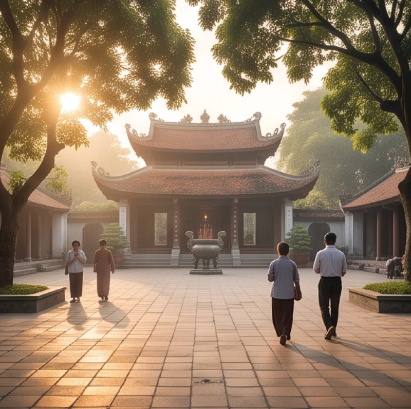 Người dân vãn cảnh và thắp hương trong khung giờ đi lễ phủ Tây Hồ buổi sáng sớm