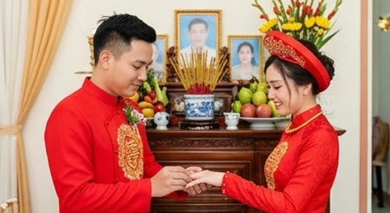Tuổi Tuất Cưới Ngày Nào Tốt: Lịch 2026 Và Cách Hóa Giải 3 Đôi uyên ương thực hiện nghi thức trao nhẫn cưới trước bàn thờ gia tiên dưới sự chứng kiến của họ hàng