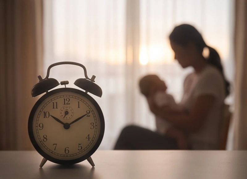 Chiếc đồng hồ điểm rạng sáng bên cạnh hình ảnh người mẹ ru con, thể hiện thời khắc điềm báo chuẩn bị ứng nghiệm