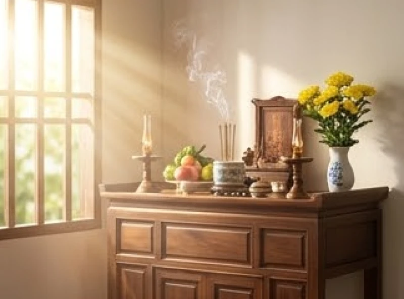 Nắng sớm chiếu rọi vào không gian bàn thờ khi gia chủ chuẩn bị mâm lễ tạ ơn Bà Bổn Mạng